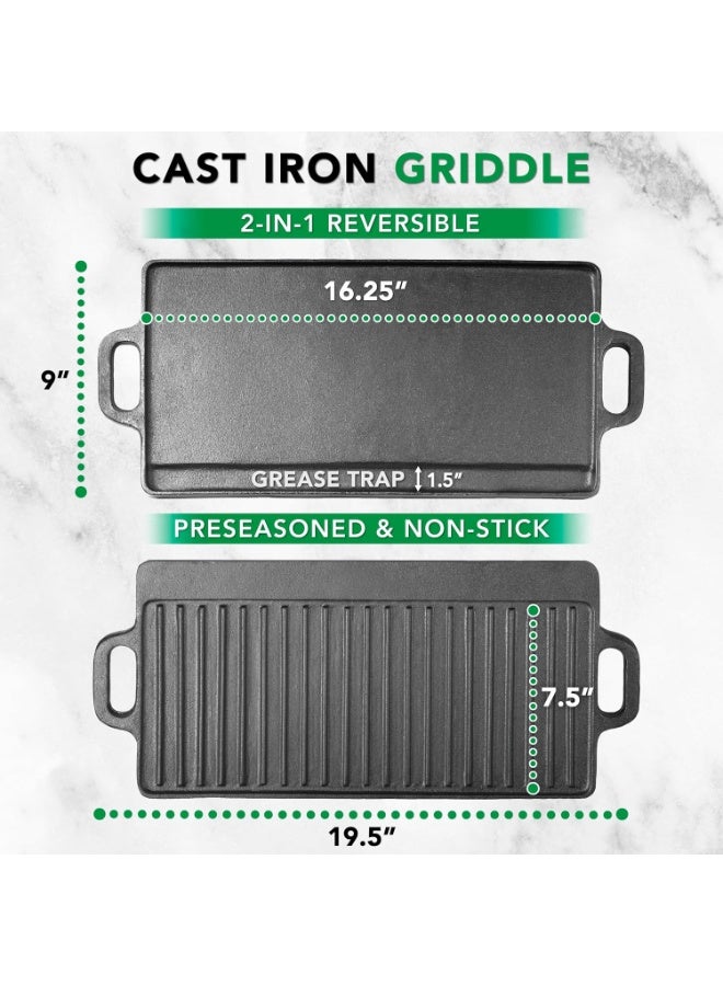 مقلاة من الحديد المطاطي ثنائية الواجهة مزدوجة الوظيفة، بحجم 19.5 بوصة × 9 بوصة، مع مقبض، مُحسنة مسبقًا وغير لاصقة، مناسبة للغاز ومطبخ الفرن والطبخ على النار المباشرة - Image 2